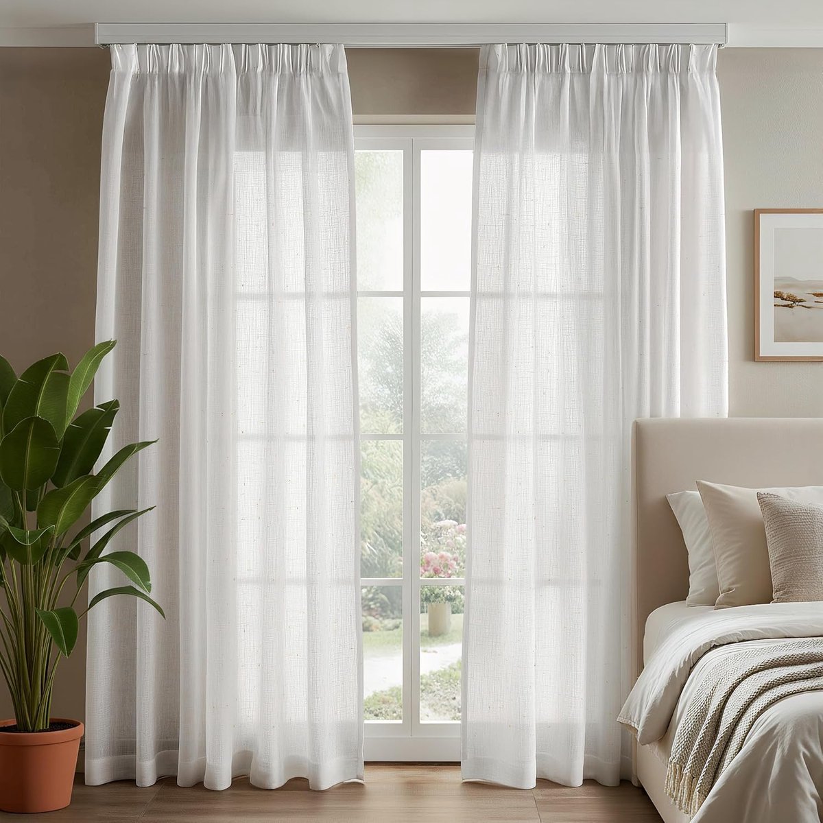 Set van 2 Linnenlook Vitrage Gordijnen Plisseé Tape Semi-Transparant Wit 145x140 cm - Woon