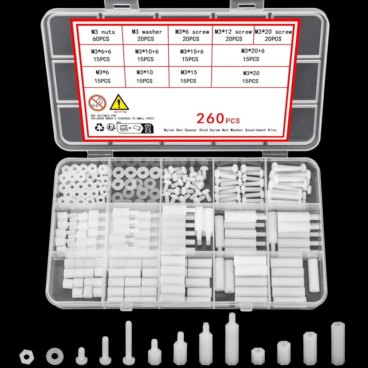 260 Delig M3 Nylon Schroeven, Moeren & Afstandhouders Assortiment voor Printplaten