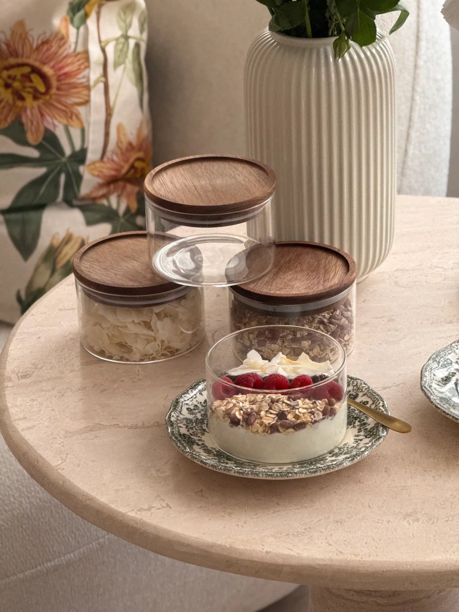 Space glazen kommen met deksel set van 6 acacia houten deksels 300 ml