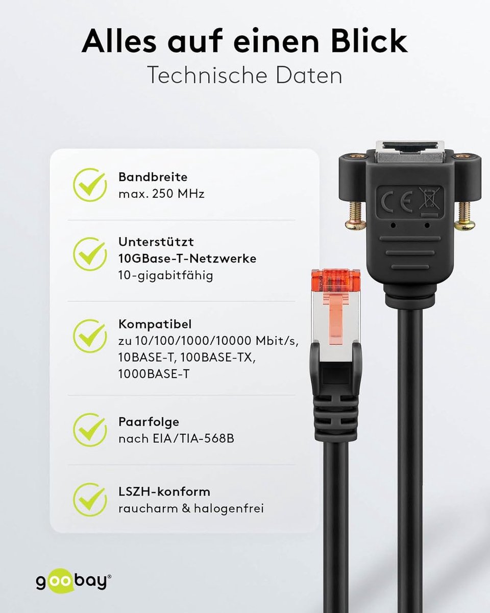 CAT6 S/FTP Verlengkabel met Montageflens - 1 Meter Zwart - Robuuste Ethernet Kabel voor Stabiel Netwerk