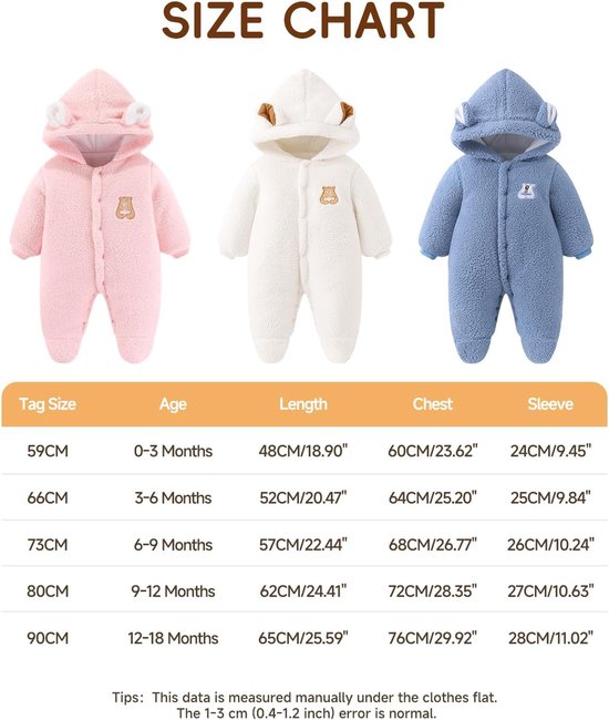 Warm Fleece Snowsuit met Capuchon en Voetjes voor Baby's (0-18 Maanden) — afbeelding 4