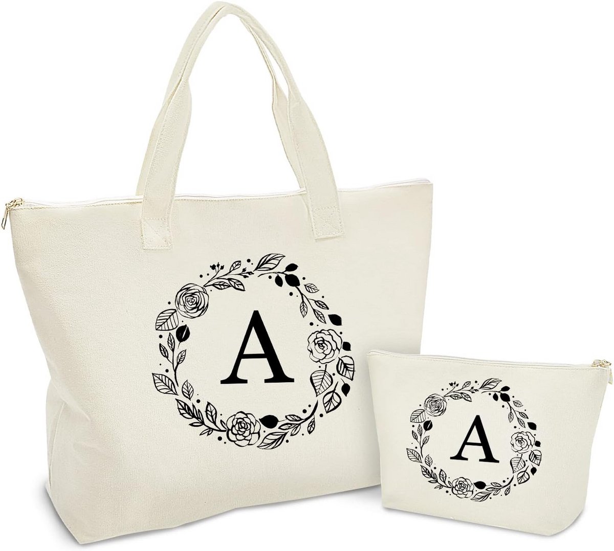 Gepersonaliseerde Canvas Tas met Initial en Ritssluiting - Grote Tote Bag met Binnenzak
