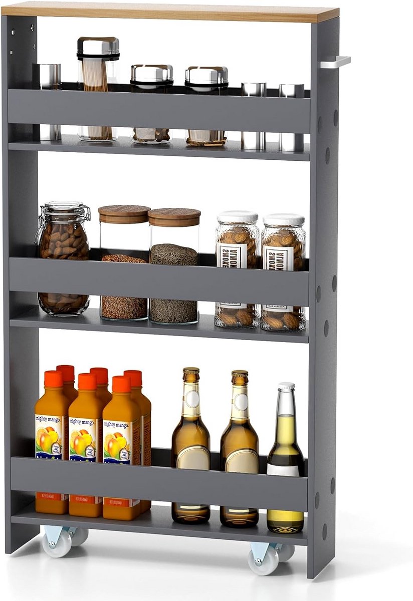 Smalle Opbergwagen met Wielen en Handvat – 4 Niveaus voor Keuken, Badkamer of Wasruimte