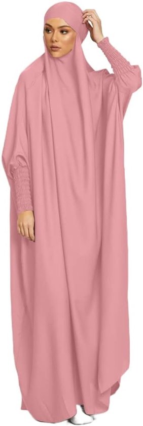 Lichtroze abaya met geïntegreerde khimar, wijde pasvorm, lange mouwen met elastische polsen.