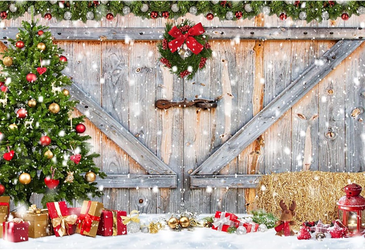Kerst Achtergrond Houten Deur Sneeuwcadeaus Rustieke Winter Fotografie
