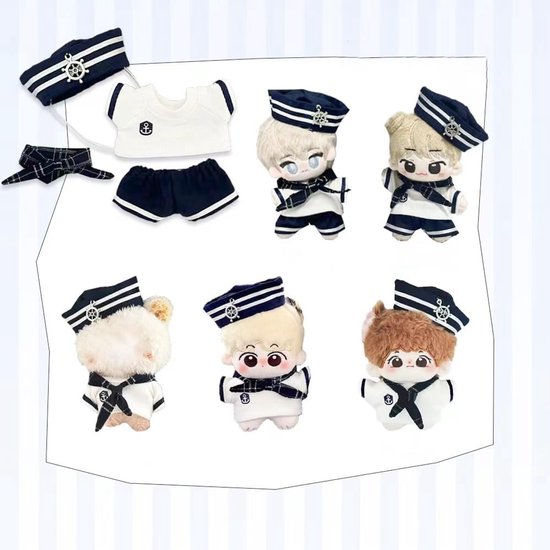 Poppenkleding Set 10 cm - Sjaal, Hoed, T-Shirt en Broek - Matrozenpak voor Knuffeldieren van Merkloos — afbeelding 2