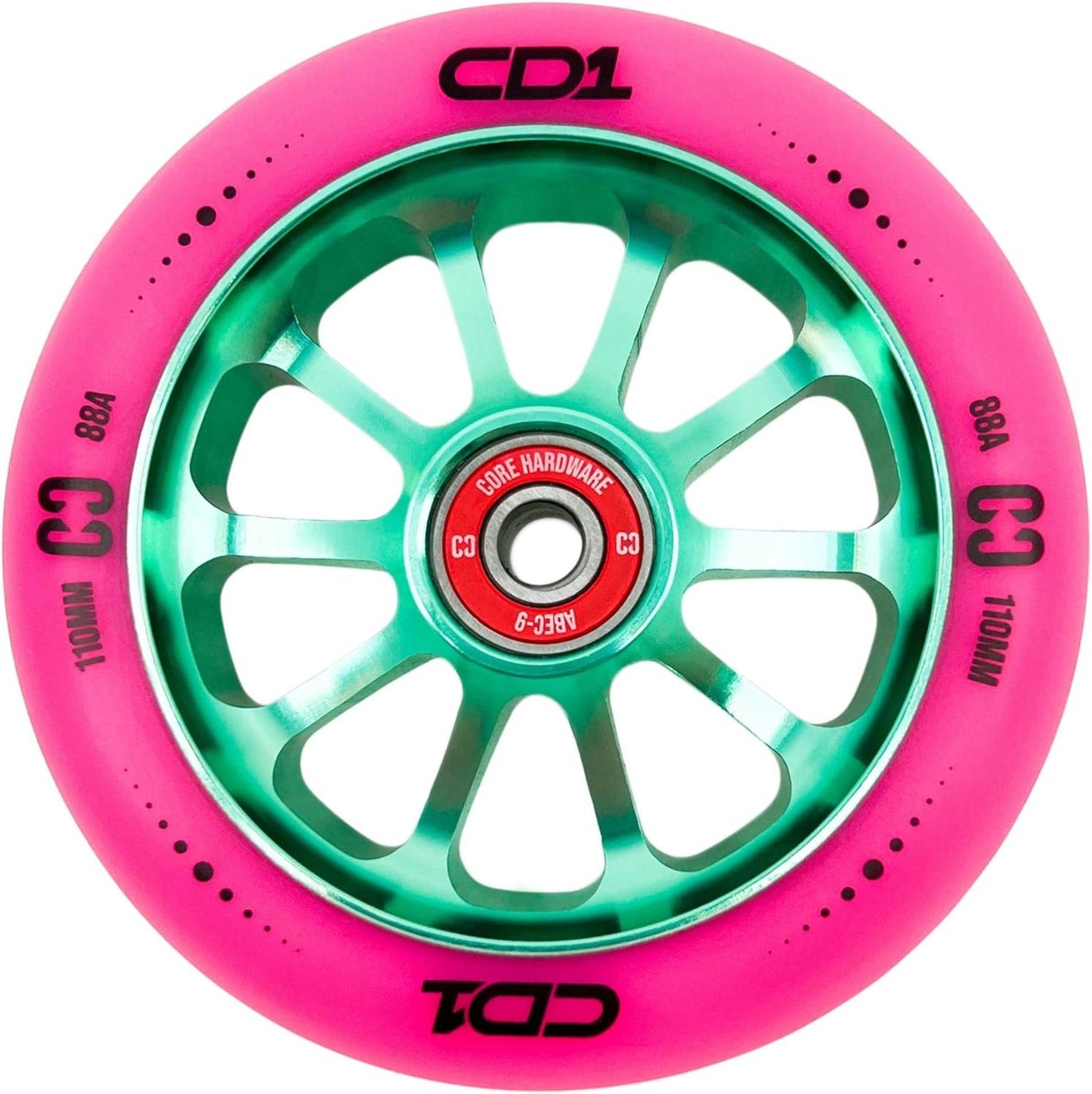Stepstepwiel 110mm Spaak Pro Scooter Vervangingswiel met ABEC-9 Lagers - Roze/Turquoise