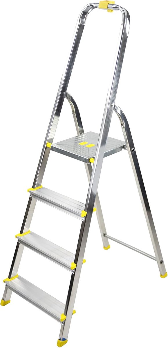 Vouwbare aluminium trapladder met 4 treden en leuning - Max. werkhoogte 2,78m