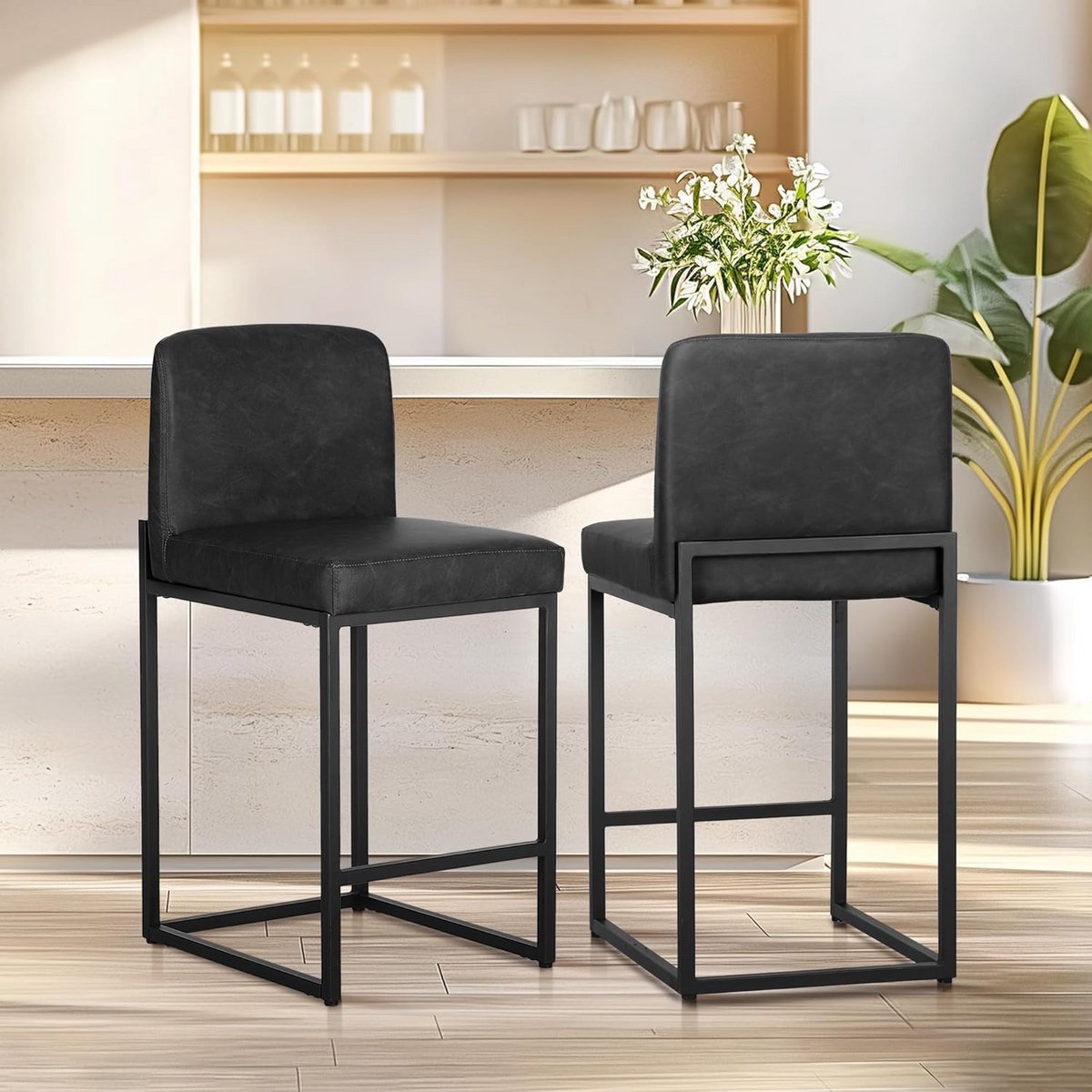 Verstelbare Barstoelen met Rugleuning en Voetensteun, Set van 2, Zwart Metaal
