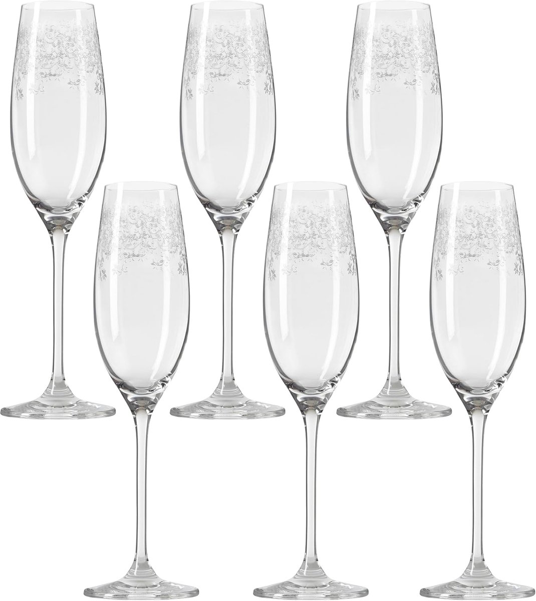 Champagneglazen set van 6 - vaatwasserbestendige Prosecco-glazen - champagnekelk met getrokken steel - champagneglas met gravure - 200 ml