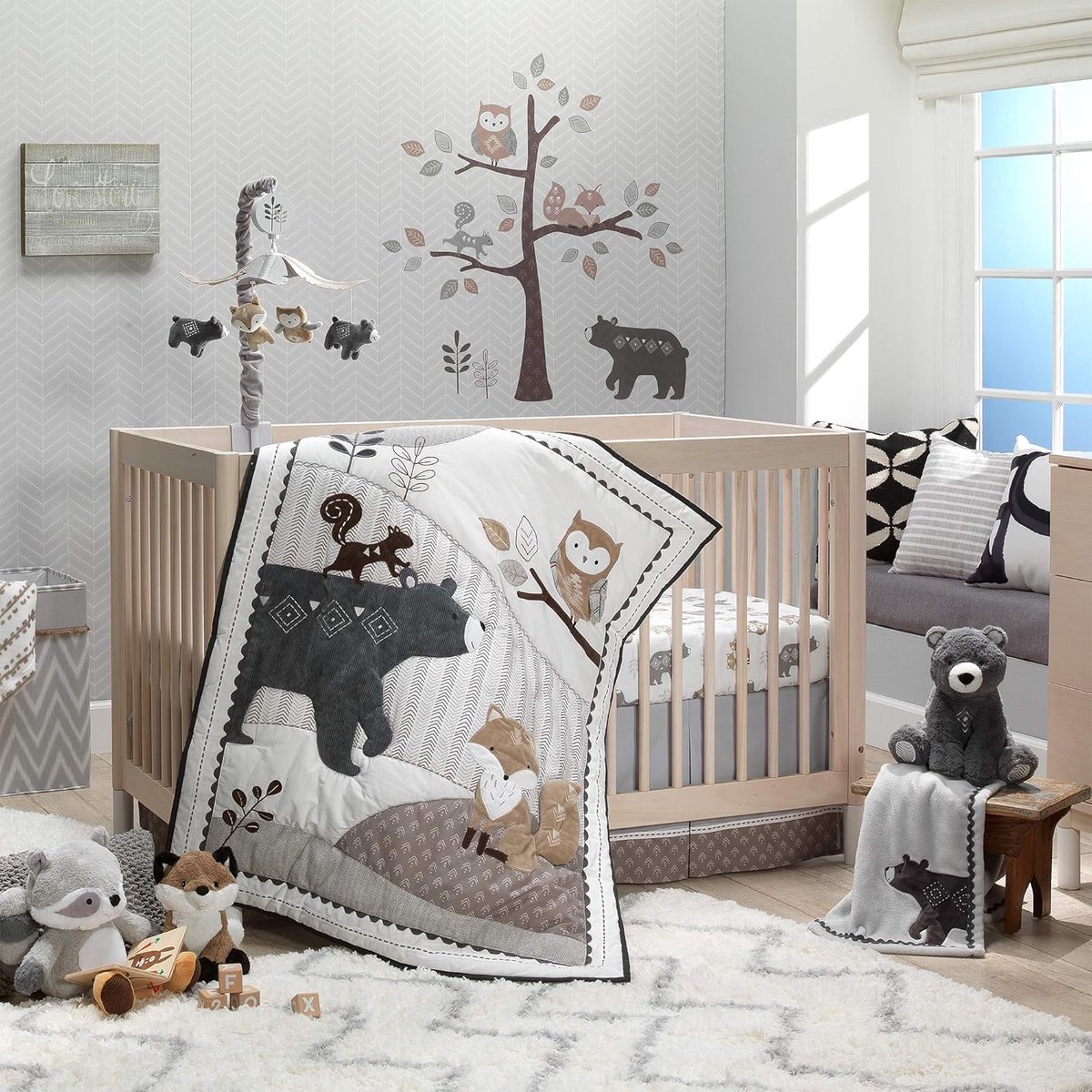 5-Delige Baby Ledikant Meubilair Set met Bosdieren Thema - Grijs
