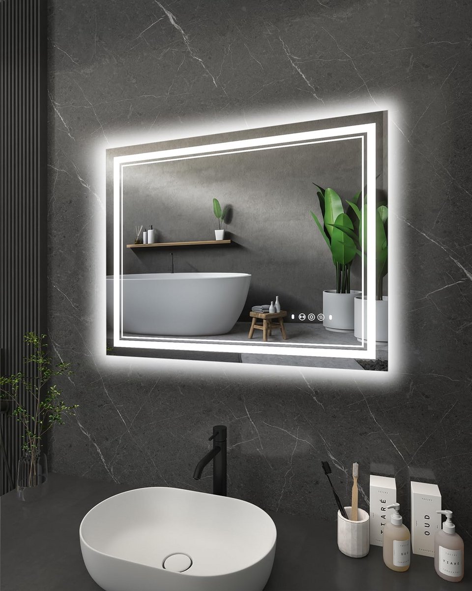 Zwarte Verlichte Badkamerspiegel 71x91 cm met Sensor en Dimbaar LED Licht