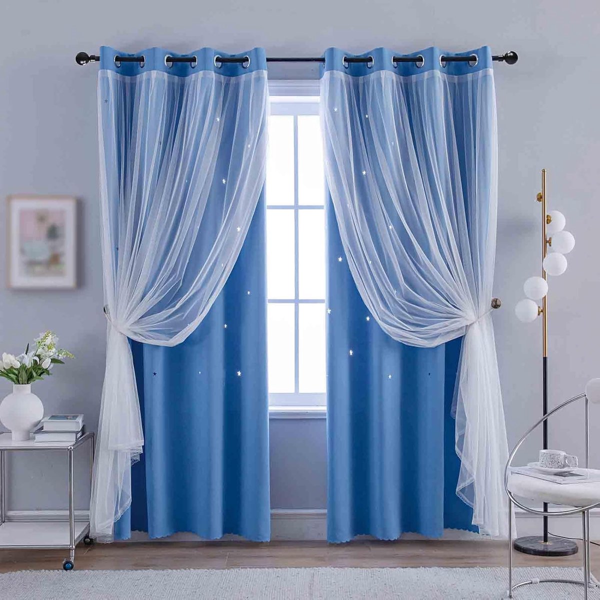 Meisjes Slaapkamer Gordijnen - Sterren Gatpatroon Verduisterend - 2-stuks 132x213 cm - Blauw - Polyester Materiaal - 85-90% Lichtverduisteri