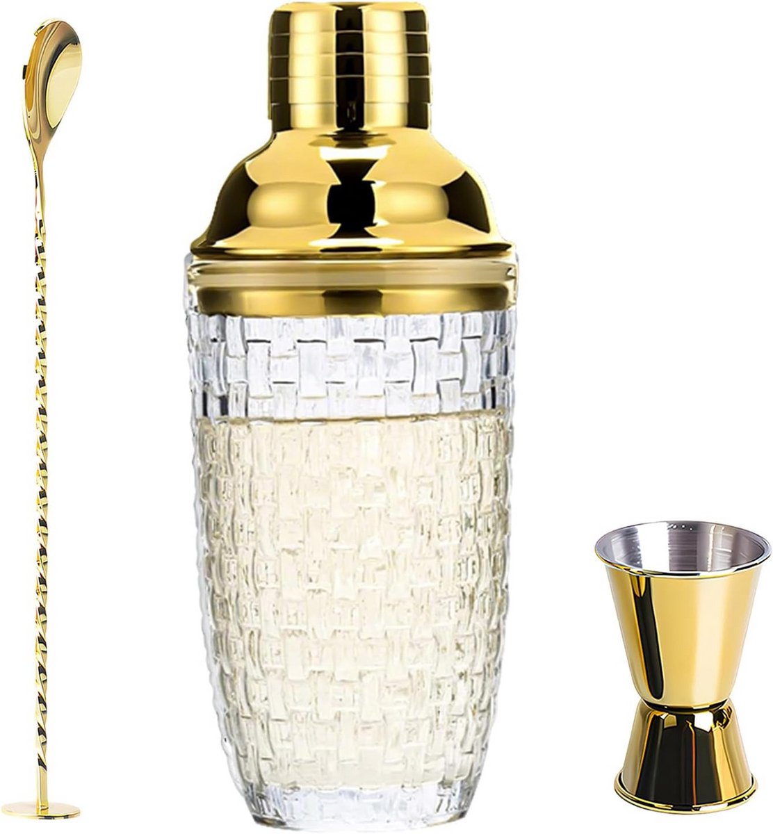 Glazen Cocktail Shaker 400ml Met Meetbeker en Schep - Gebreid Patroon