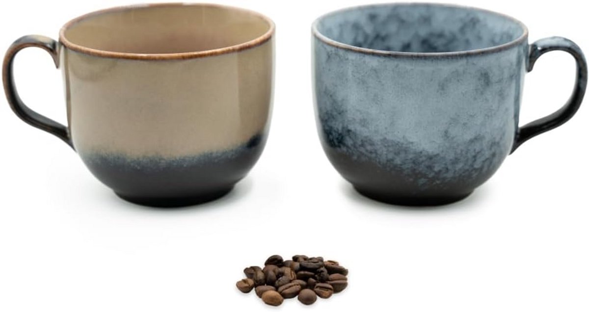 Set van 2 XL Cappuccino Mokken 450 ml Hoogwaardig Steengoed met Handvat