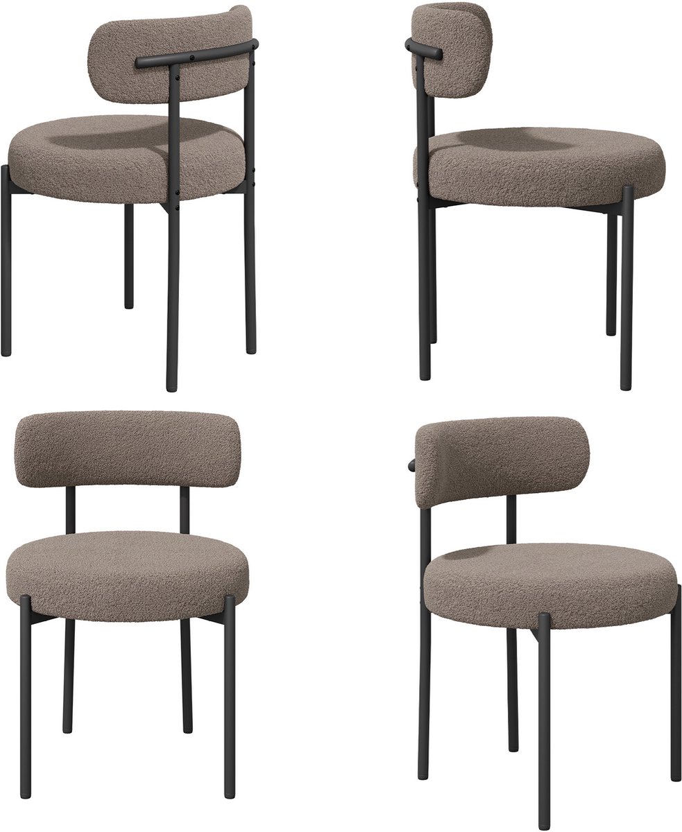 Eetkamerstoel Set van 4 Teddy Stof Gestoffeerde Stoel met Metalen Poten Moderne Keukenstoel Design Stoel Zachte Bouclé Stoel Comfortabele Zitstoel voor Eetkamer Woonkamer Keuken Slaapkamer Horeca Scandinavische Stijl
