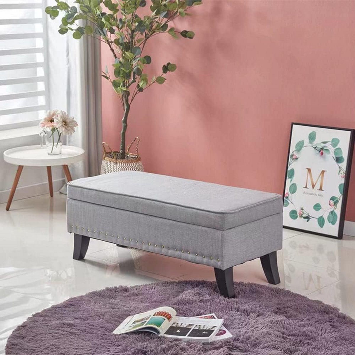 Opbergbank met Voetenbank en Luxe Zitcomfort - Grijze Stof | 80x45cm