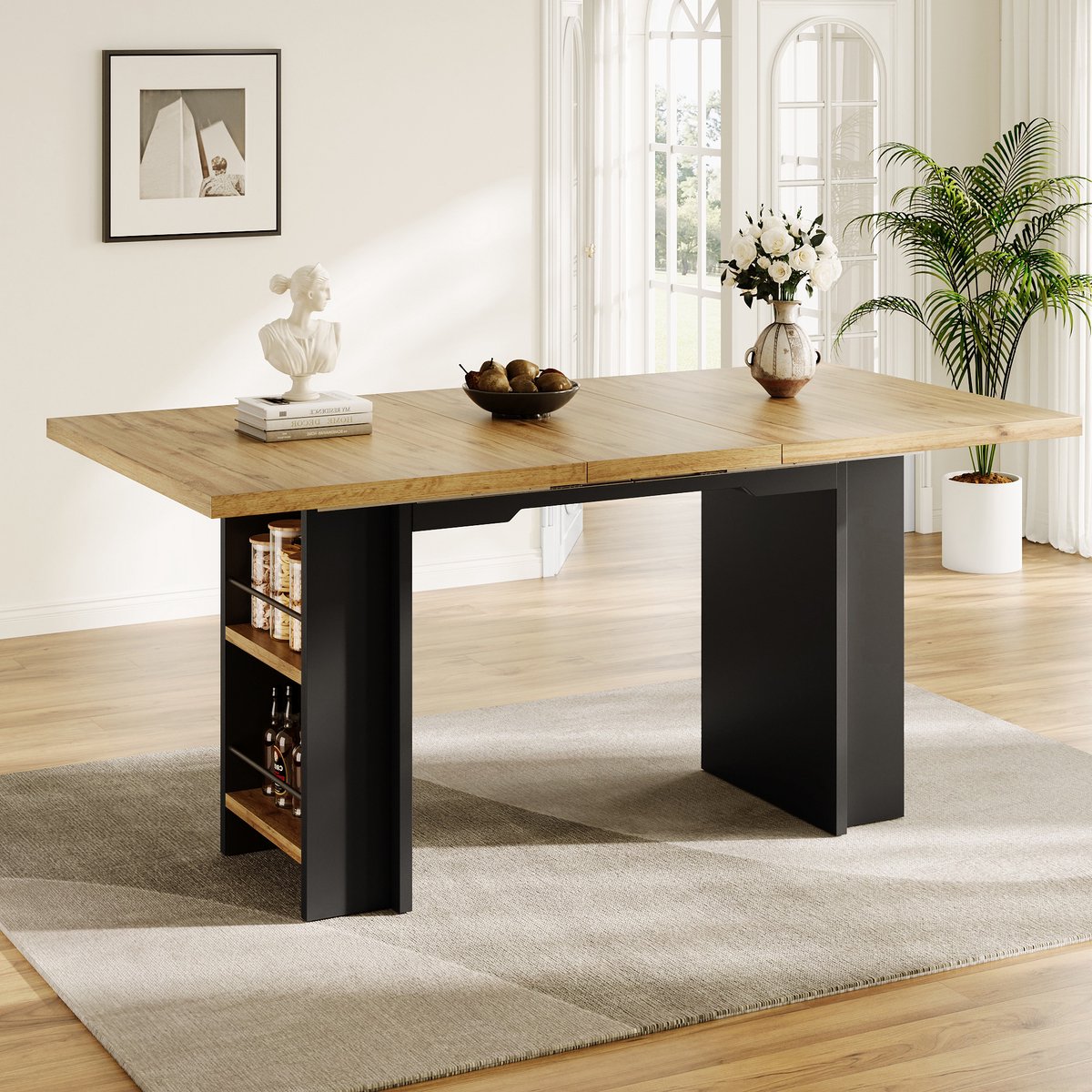 HAUSS SPOLE Eettafel - Uitschuifbaar Met Opbergruimte En Legplanken - Voor Keuken Woonkamer En Thuiswerkplek - MDF - Naturel Hout - 120-160x80x75 Cm