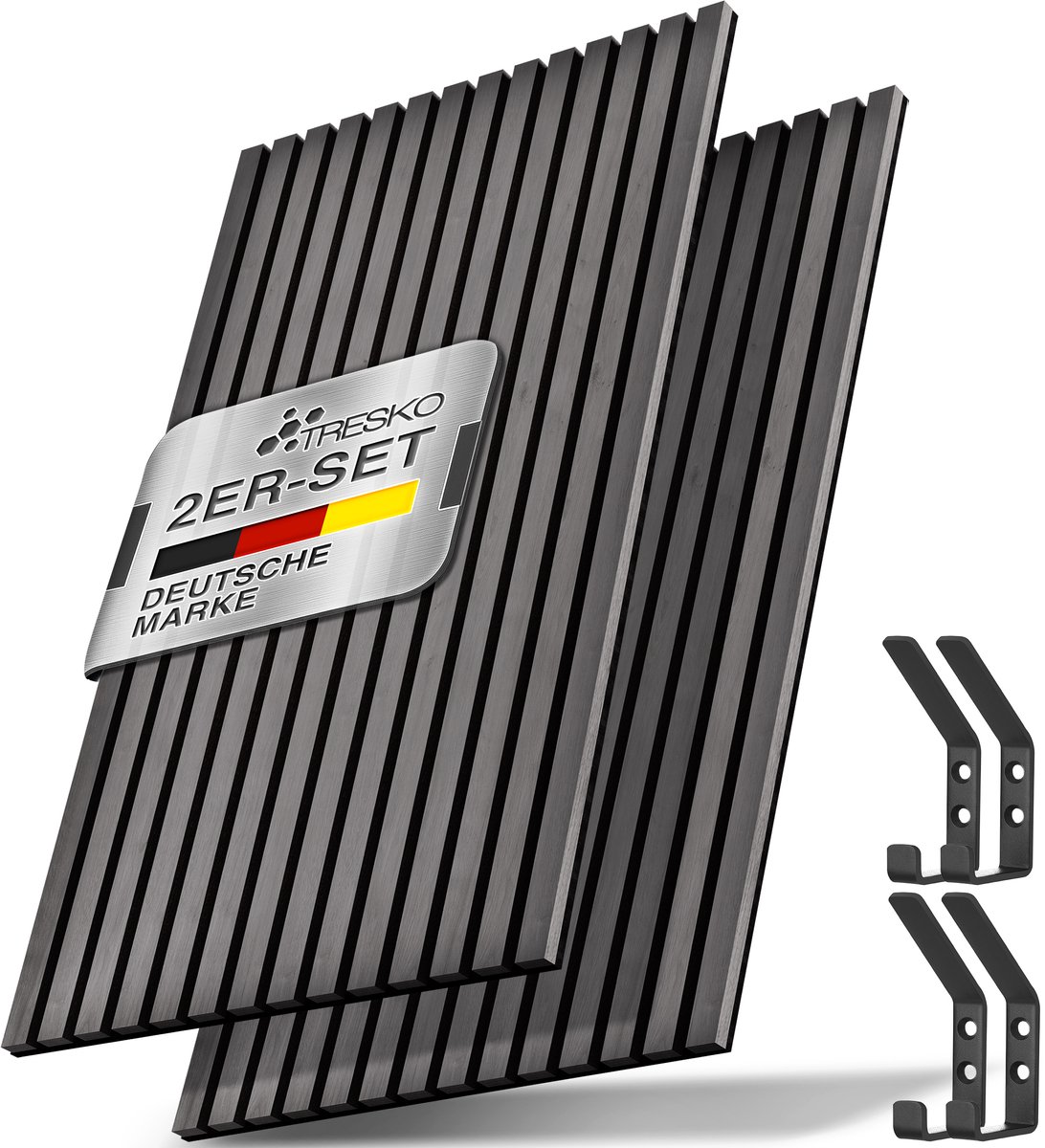 TRESKO Akoestische panelen, hout, 120 x 60 cm, incl. 4 x kledinghaken, wandbekleding eiken antraciet als 3D-lamellenwand, houten panelen voor geluidsisolatie, akoestische wandpanelen, inclusief