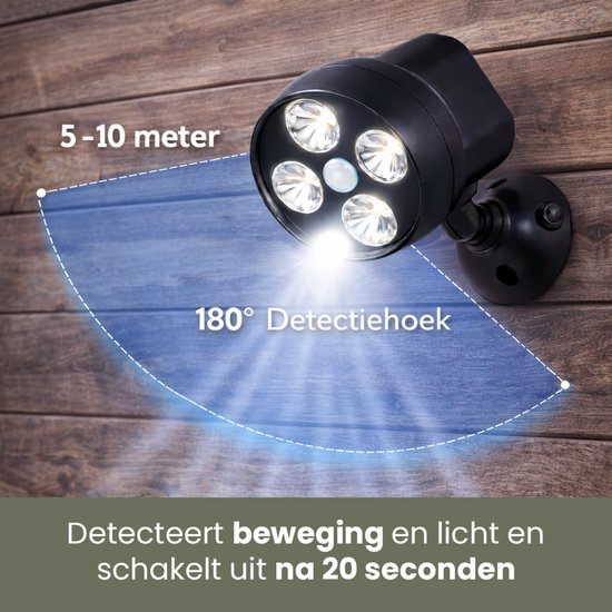 Zwarte buitenlamp met vier LED's, 180° detectiehoek van 5-10 meter, detecteert beweging en licht, schakelt uit na 20 seconden.