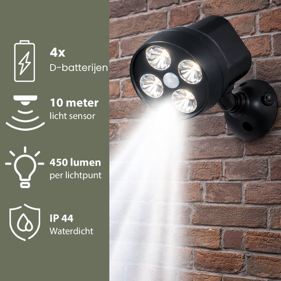 Zwarte buitenlamp met vier LED's, 4x D-batterijen, 10m lichtsensor, 450 lumen per lichtpunt en IP44 waterdicht.