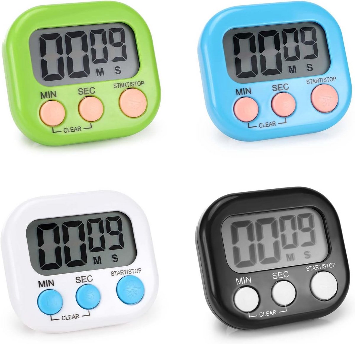 4 Stuks Digitale Keukentimer Magnetisch met Kleuren en Uitklapstandaard
