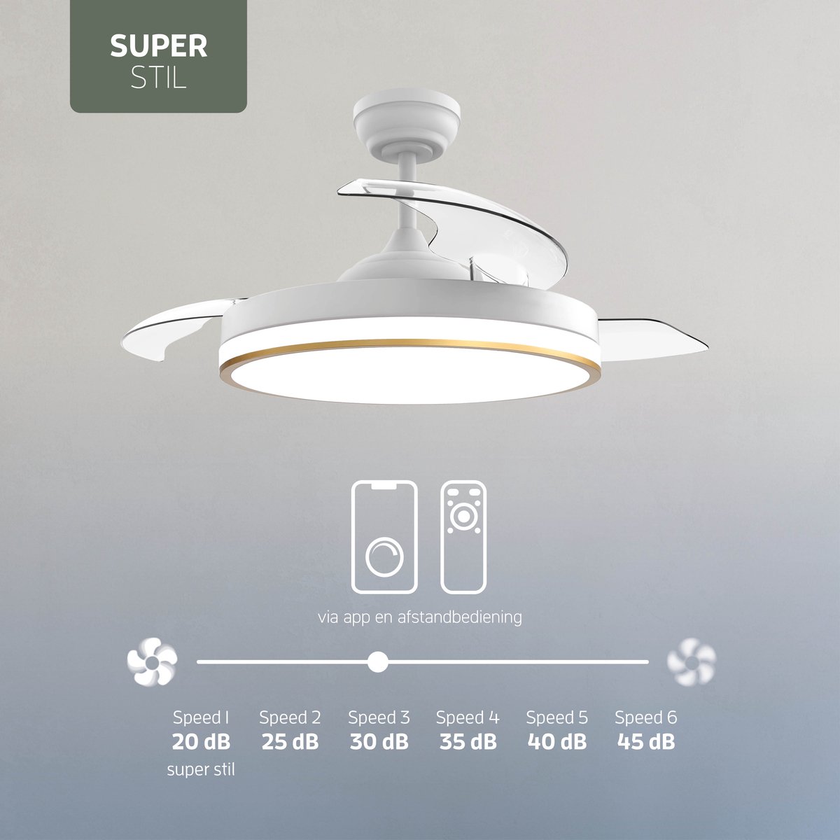 Varin® Smart Plafondventilator met LED verlichting RGBW - Wit/Goud - Tuya Wifi - Ø 50cm/108cm - Super stil - Smart lamp - Plafondlamp slaapkamer - Plafonniere woonkamer - Plafondlampen - Plafond lamp - Verlichting kinderkamer - Plafond ventilator thumbnail 7