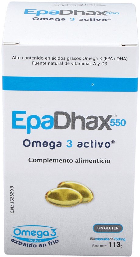 EpaDhax 550 Omega 3 actief, 150 capsules met 750mg. Twee visolie capsules in focus.