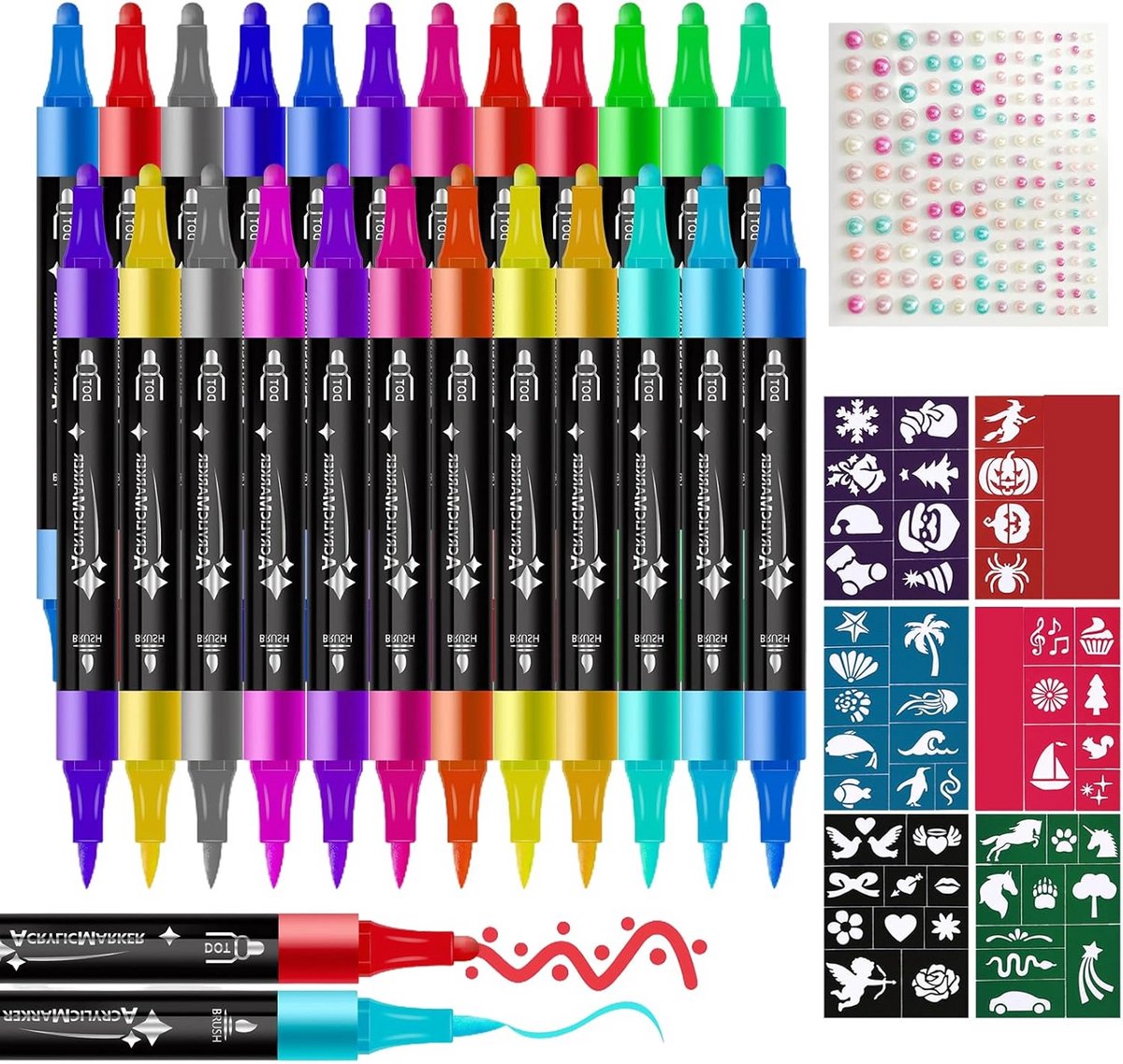 Tatoeage Stiften Set Kind | 24 Kleuren Tijdelijke Huidvriendelijke Tattoos met Sjabloon & 3D Stickers