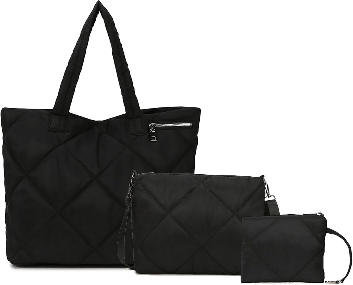 Gewatteerde Dames Shopper Tas Set - 3 Delige Padded Tote en Hobo Tas