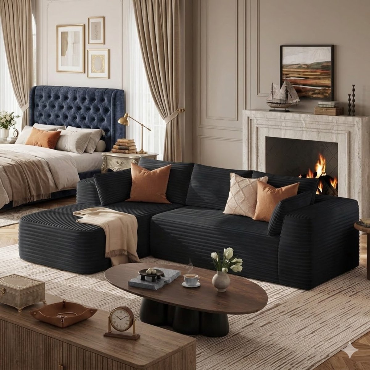 Luxe L-vormige Hoekbank met Slaapfunctie - Modulaire Corduroy 3-zits Bank met Chaise Longue - Comfortabele Aanbouwbank voor Woonkamer - 270 cm - Zwart - Casa Serena