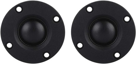 Twee zwarte tweeters met een 5 cm zijden koepel, gemonteerd op een ronde zwarte behuizing met vier schroefgaten.