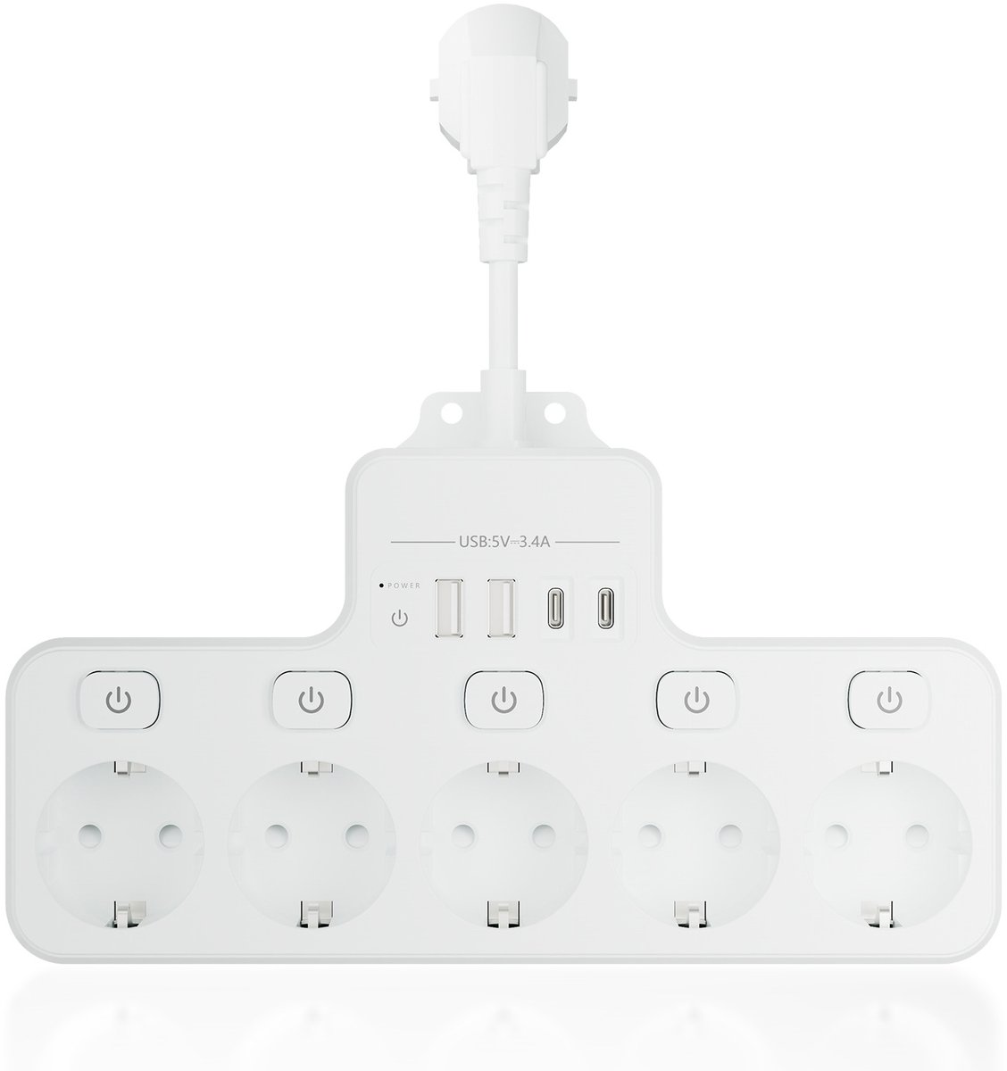 5-voudige stopcontactadapter, stekkerdoos met schakelaar, verdeelstopcontact, wandcontactdoosadapter, stekkerdoos met USB, individueel schakelbaar