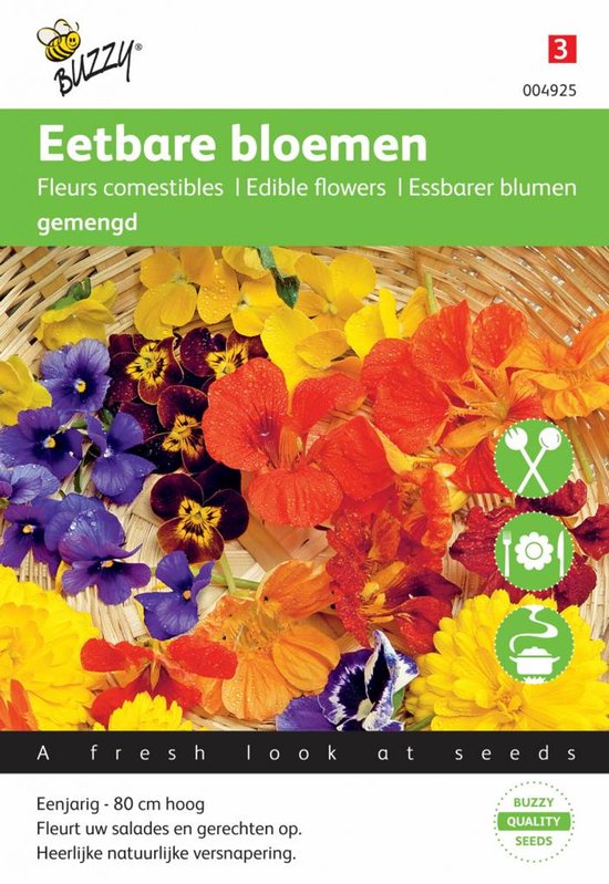 Een mengsel van eetbare bloemen met paarse, oranje, rode en gele bloemen.