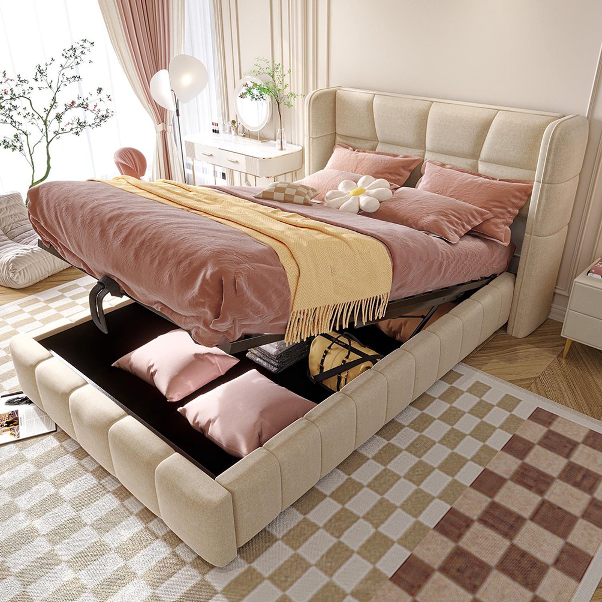 KOMHTOM BLACKCOLORS Gestoffeerd bed 90 x 200 cm, kinderbed met lattenbodem, hoofdeinde en pneumatisch opbergsysteem, linnen frame, geschikt voor kinderen en tieners, beige
