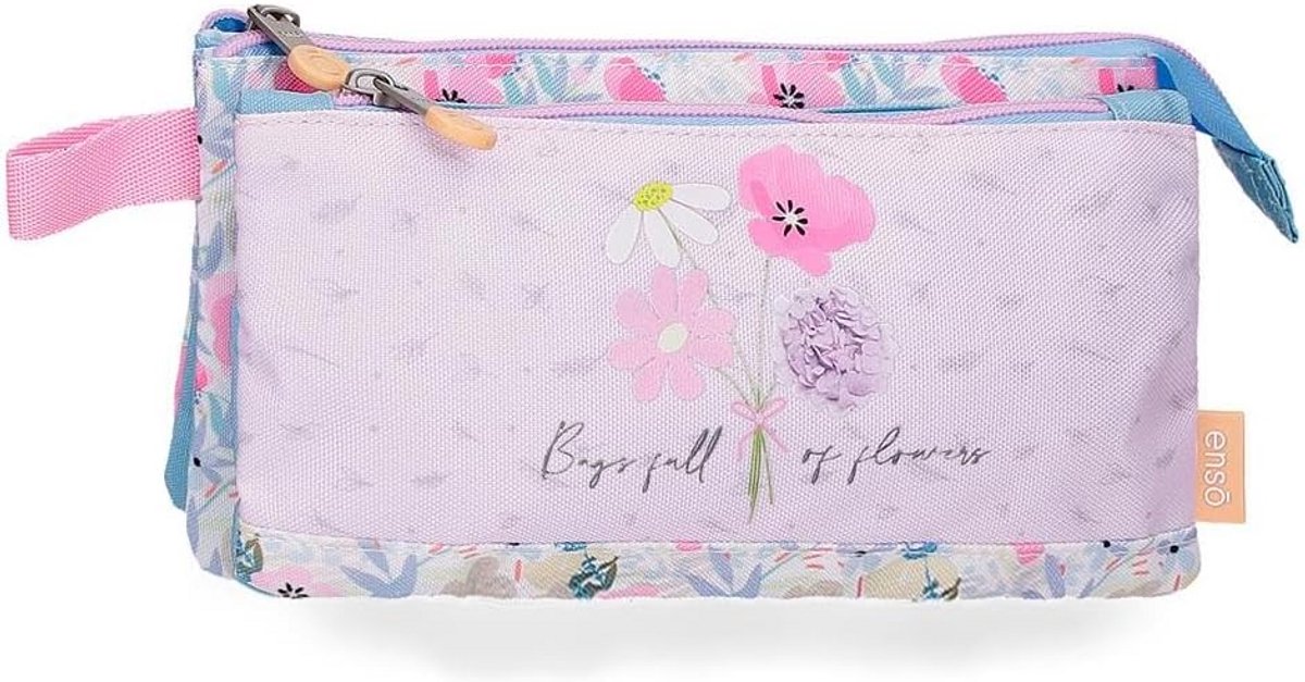 Groot Pennen etui Drievoudig - Roze Bloemen Patroon - Ruim Cijferkoord Organizer