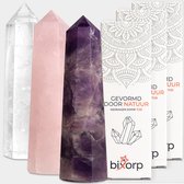Bixorp Gems Edelsteen Punt set van Gouden Driehoek - Rozenkwarts + Amethist + Bergkristal - Edelstenen Obelisk - Decoratieve Toren van 100% Natuurlijke Edelsteen - 6 tot 8cm
