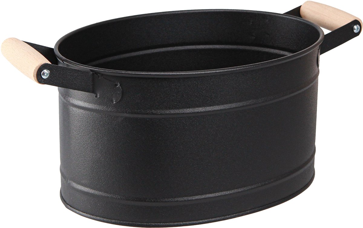 Ovale metalen bloempot met handvat, zwart met natuurlijke afwerking, 3