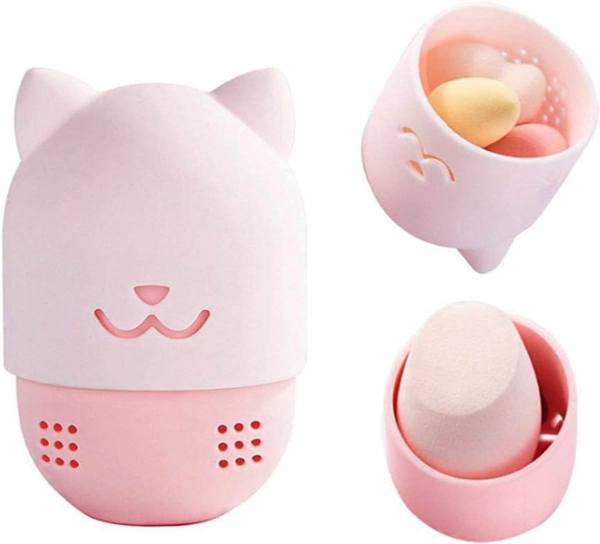 1 x Schattige kattenvormige siliconen make-upsponsjeshouder (roze)
