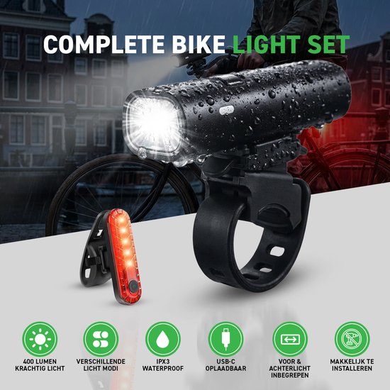 Mevon Fietsverlichting Set - Fietslampjes - Voor- & Achterlicht - 400 Lumen - Fietslamp - USB-C Oplaadbaar - Fietslichten van Mevon — afbeelding 2