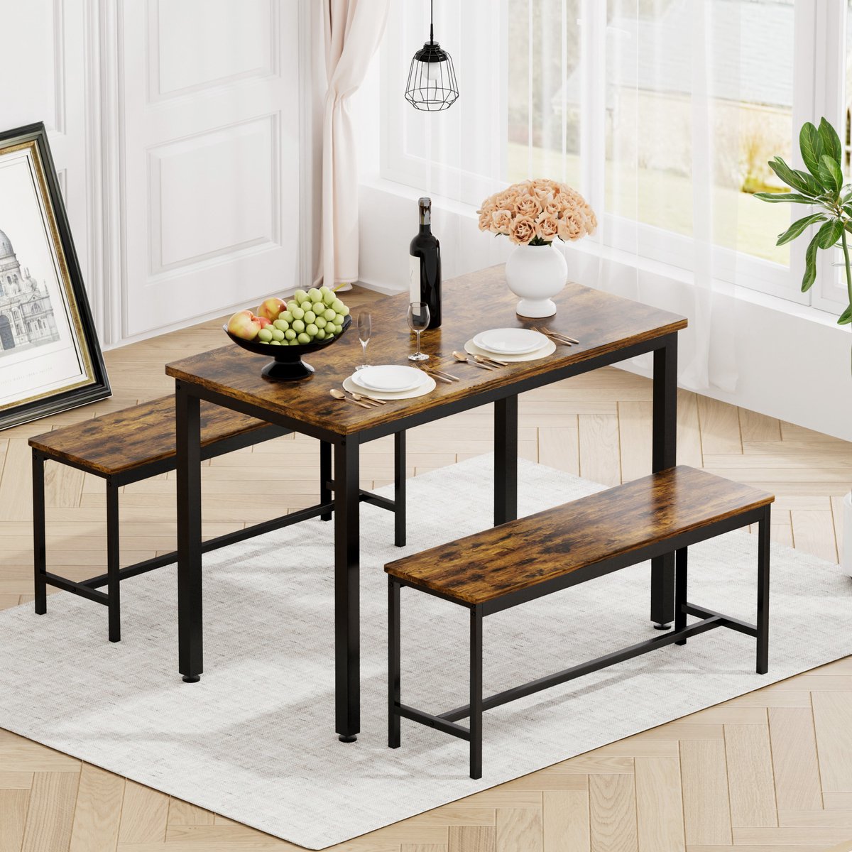 STILVORA Eettafelset - Ruimtebesparende Bartafel Met 2 Banken - Industrieel Design Voor Keuken En Woonkamer - Spaanplaat;Staal - 110x60x75 Cm - Zwart;Rustiek Bruin