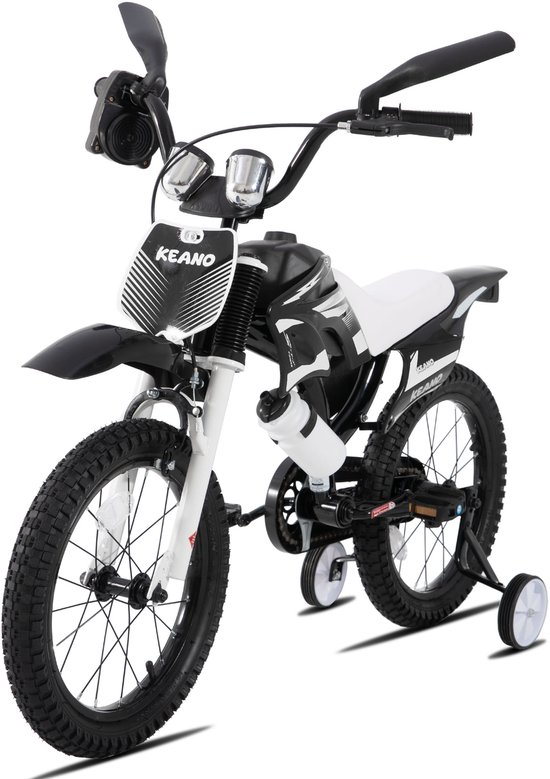 Zwarte en witte Keano kinderfiets met offroad-look, zijwieltjes, nummerbord en bidonhouder.