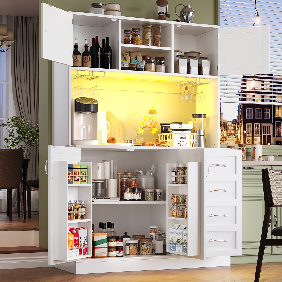 Buffetkast - opbergkast - keukenkast - dressoir - 120x40x188 cm - met LED-verlichting - snackrek en drankrek - 4 deuren en 2 lades - wit
