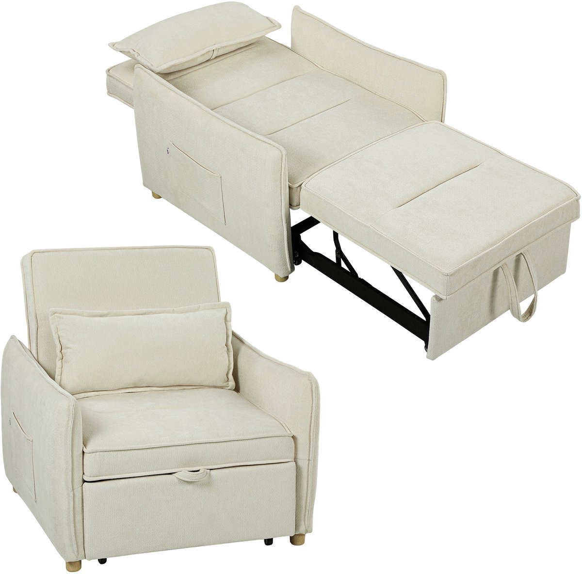 Homcom Fauteuilbed-Polyester, Eucalyptus hout-88L x 84B x 87H cm-Crème