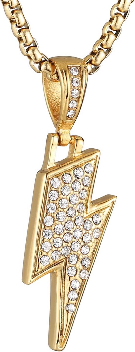 Heren Ketting met Bliksem Hanger - Goudkleurig Roestvrij Staal en Zirkoon