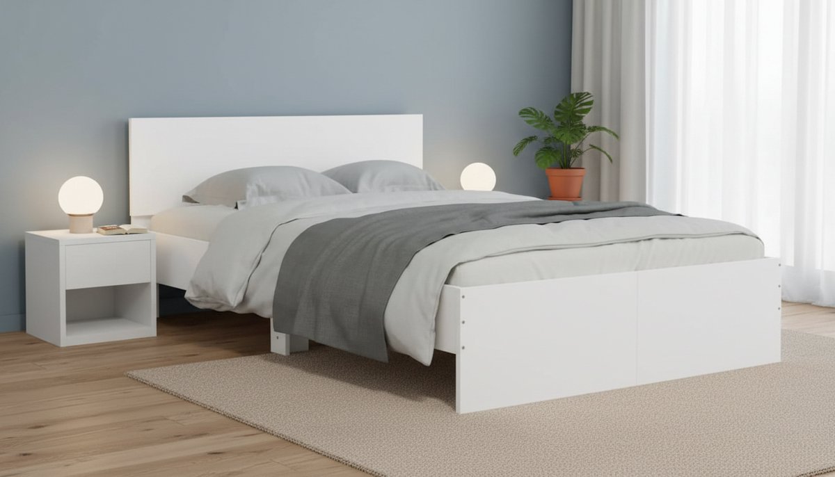 Bedframe 120x200 cm met Hoofdbord en Lattenbodem – Wit Tweepersoonsbed Modern Houten Bed – Casa Velluto Milano Bianco