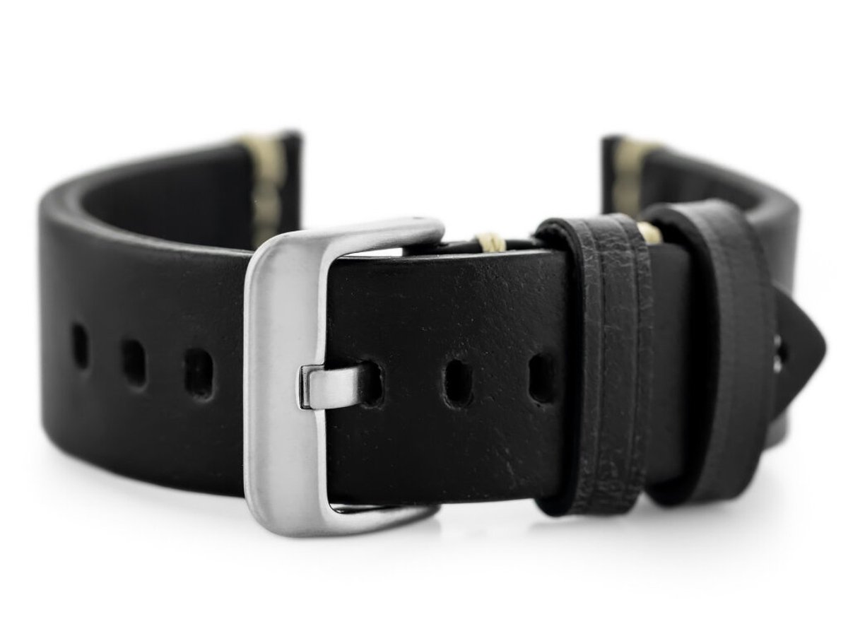 Pacific W32 Serie - Leren Horlogeband - Zwart - 24mm - Wit Stiksel