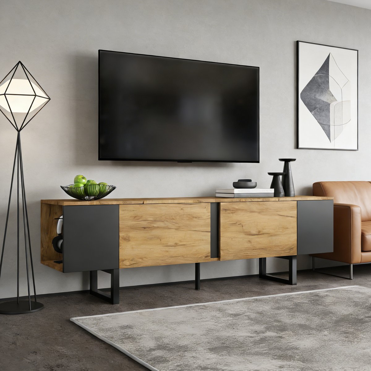 OKWISH Tv Meubel - Voor Tv Tot 75 Inch - 180 X 40 X 55 Cm - 2 Deuren En Open Vakken - Soft Close - Spaanplaat Naturel Hout Natuurlijk