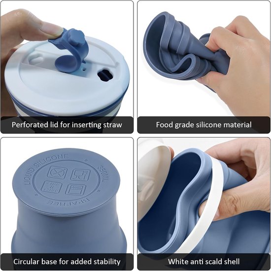 Opvouwbare Koffiemok - Reisbeker Rietje - Coffee To Go - Licht en Lekvrij - 350 ml Inhoud - Blauw — afbeelding 4