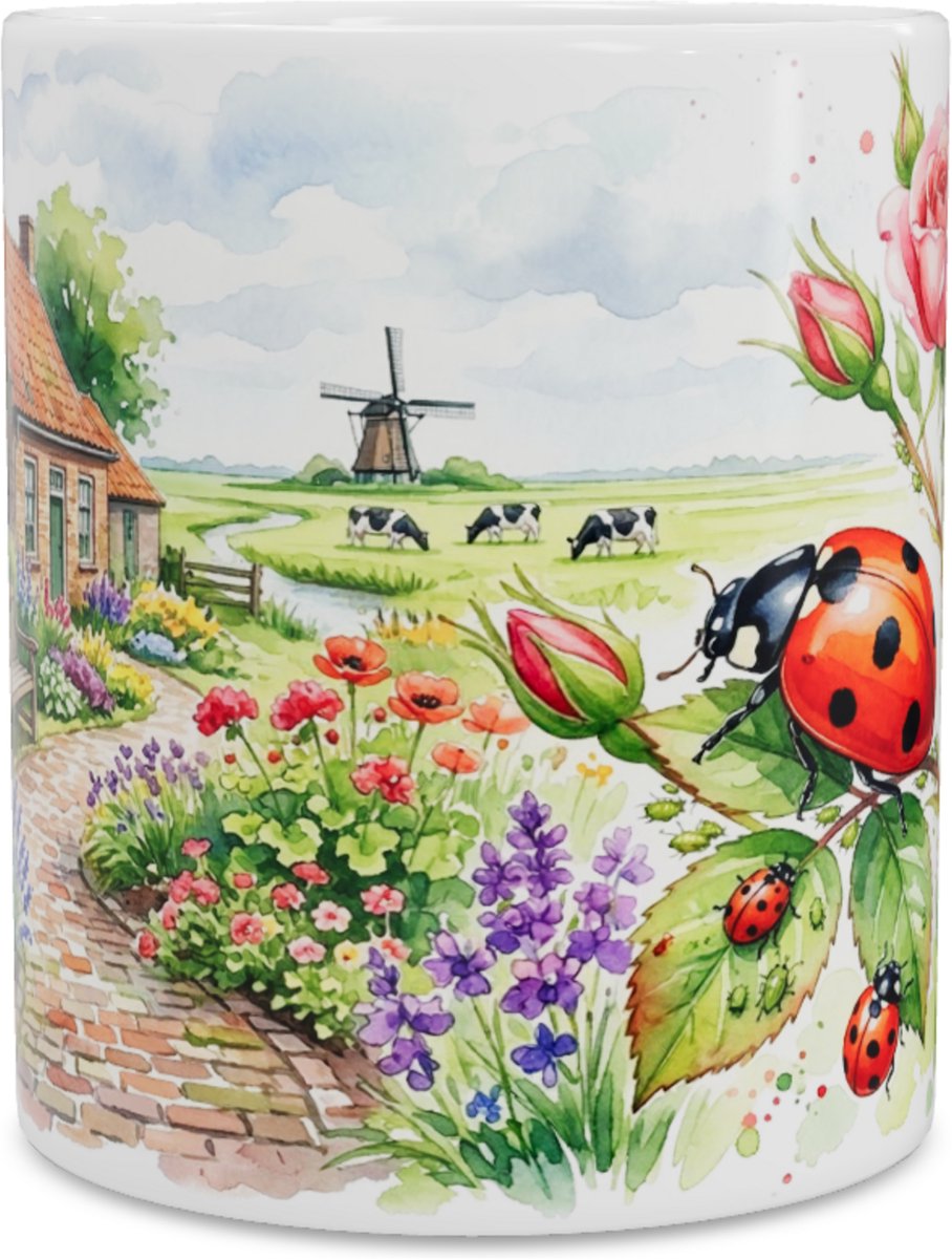 Lieveheersbeestje & Rozen "Aquarel Series" Mok - Kleurrijke Hollandse Tuin Koffiemok met Molen - Unieke Theebeker voor Thuis & op het Kantoor - Cadeau voor haar: Vrouw, Vriendin of Collega